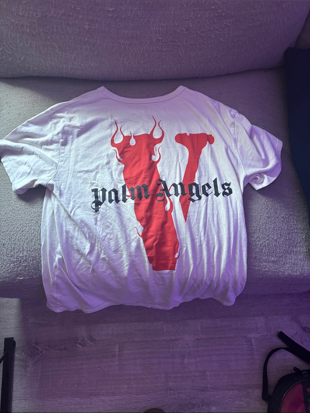 Palm Angels White Tee with Red Flame V and Black Logo